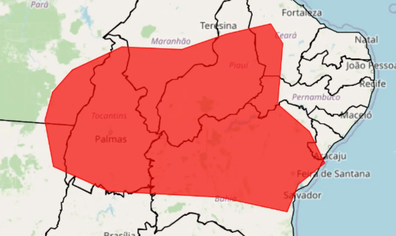 Uma imagem cartogr&aacute;fica mostra uma grande &aacute;rea sombreada em vermelho sobreposta a um mapa do Brasil. A &aacute;rea vermelha cobre grande parte dos estados de Tocantins, Piau&iacute;, Maranh&atilde;o e Cear&aacute;, bem como partes do Par&aacute; e da Bahia.
